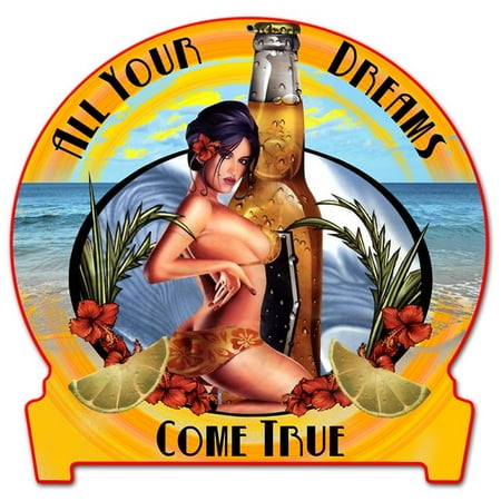 Past Time Signs Beer Bottle Lime Girl Half Moon Satin Metal Sign