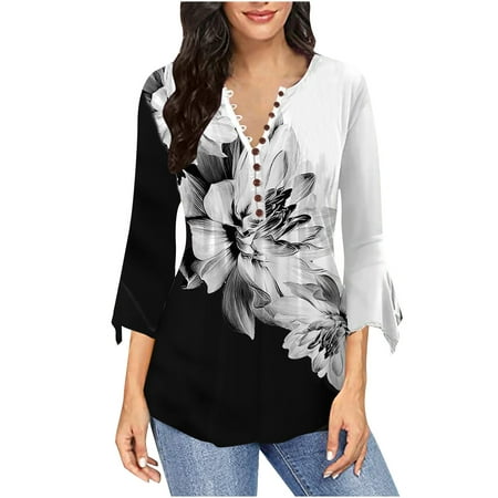 

Long Sleeve Tops for Women Casual Fall Women s Casual Trumpet 3/4 Sleeve Printed Buttoned Basic Ruched Corset Tunic Tops Pleated T-shirts Blouses Print T Shirt Three Quarter Sleeve Tops