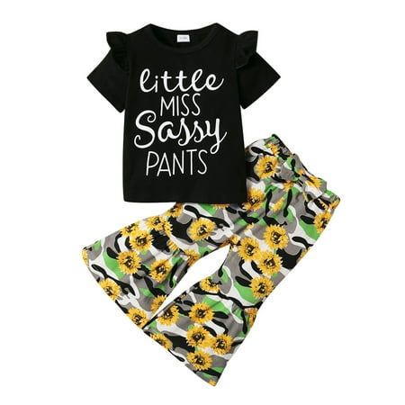 Toddler Baby Girls Outfits Short Sleeve Letter Print Ruffle Sleeve Round Neck Top+Sunflower Print Bell-bottomed Pants 2Pcs Clothes Set 18-24 Months Black
Toddler Baby Girls Outfits Short Sleeve Letter Print Ruffle Sleeve Round Neck Top+Sunflower Print Bell-bottomed Pants 2Pcs Clothes Set 18-24 Months Black