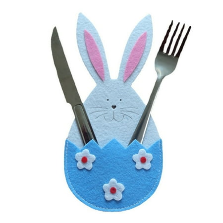 4PCS Easter Utensil Holders Set Egg Bunny Knife Forks Bag Silverware Pouch Pockets for Easter Party Favors Blue