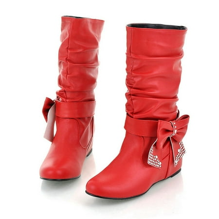 

eczipvz Womens Shoes Boots for Women Retro Women Rhinestones Bow Tie Low Heeled Slip On Mid Calf Boots Round Toe Shoes Boots Women Mid Calf Red-8
