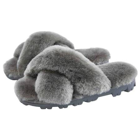 CLPP LI Womens Cross Band Fluffy Fuzzette Slippers - Grey - 6