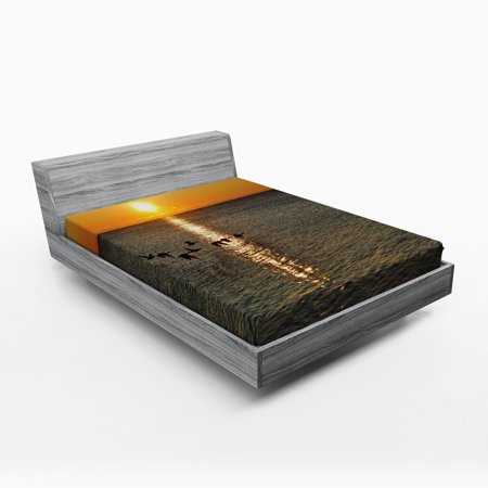 Birds Fitted Sheet Silhouettes of Canadian Geese Flying over a Lake at Sunrise Romantic Scenery, Soft Decorative Fabric Bedding, Orange and Grey, by Ambesonne
