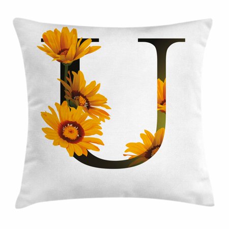 Letter U Throw Pillow Cushion Cover, Letter U Alphabet with Ursinia Flower Arrangement Pattern Vibrant Colors, Decorative Square Accent Pillow Case, 18 X 18 Inches, Orange Green Black, by Ambesonne