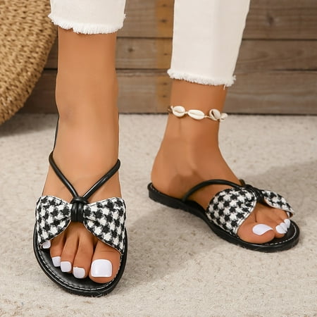 

Lightweight Casual Open Toe Flat Summer Beach Shoes Women s Houndstooth Pattern Slide Sandals