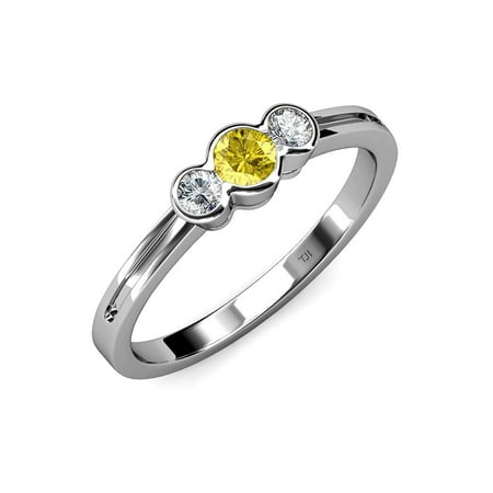 Yellow Sapphire and Diamond (SI2-I1 G-H) Three Stone Ring 0.50 ct tw in 14K White Gold.size 5.5
Yellow Sapphire and Diamond (SI2-I1 G-H) Three Stone Ring 0.50 ct tw in 14K White Gold.size 5.5