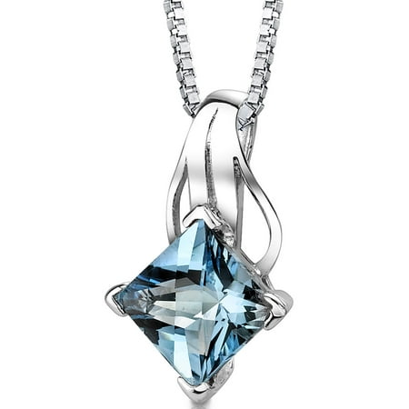 Peora 3.00 Ct Princess Shape Swiss Blue Topaz Rhodium-Plated Sterling Silver Pendant, 18