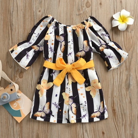 Leutsin Toddler Baby Girls Stripe Butterfly Print Flared Sleeves Fashion Princess Dress