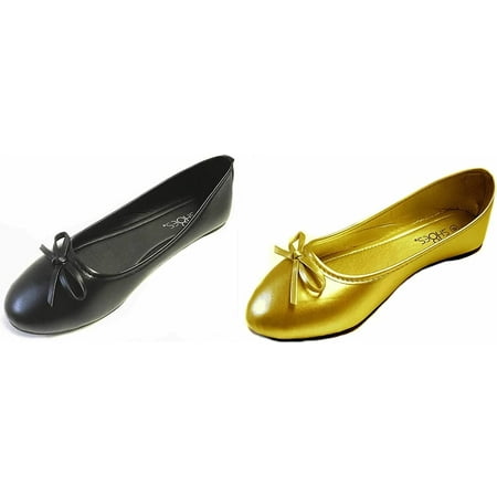 Shoes8teen 2 Pair Womens Round Toe Ballet Flats 8500 Black/Gold 8