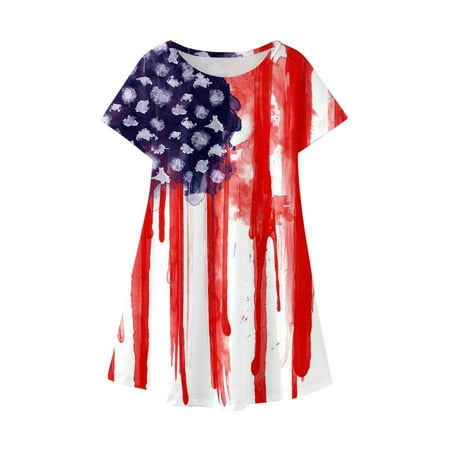Summer Savings Clearance! PEZHADA Dresses for Baby Girls Toddler Kids Independence Day Fashion Cute Short Sleeve Star Print Dress White