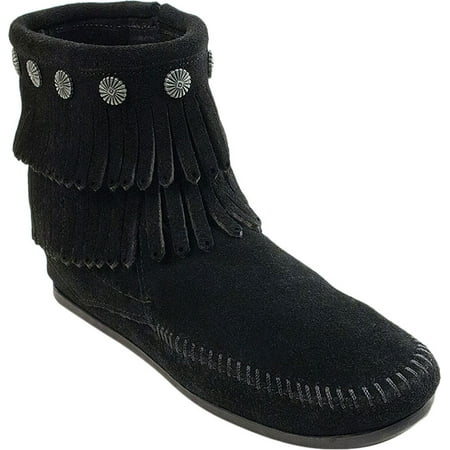 Women s Minnetonka Double Fringe Side Zip Boot Black Suede 5 M
