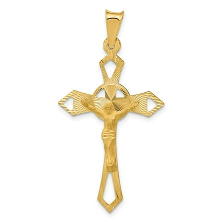 14k Yellow Gold Polished Satin and Diamond Cut Crucifix Pendant