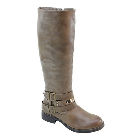 Women s Double Buckles Zipper Low Heel Knee High Boots