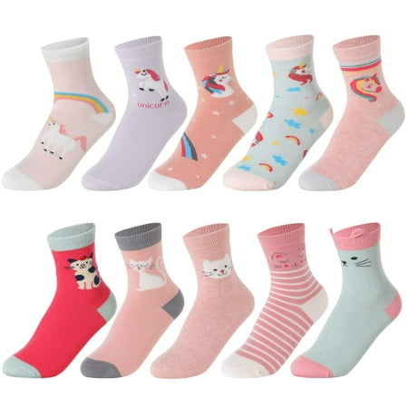 SUNBVE 10 Pack Toddler Little Girls Cat Unicorn Crew Cotton Socks