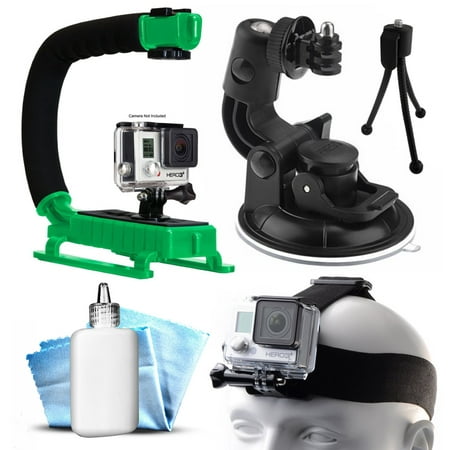 Opteka xGrip Stabilizing Action Grip Handle Handheld Holder (Green) , Car Mount+ Head Band Helmet Harness Strap Mount, Mini Tripod, Dust Removal Cleaning Care Kit for GoPro Hero4 Hero3+ Hero3, Camera