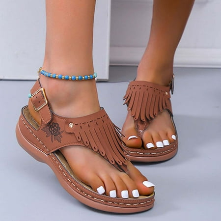 

Aoujea Summer Sandals For Women 2023 Fashion Casual Comfortable Slope Heel Tassels Decoration Brown 7.5 for Party Vacation Beach Great Gifts for Girls Cost Saving