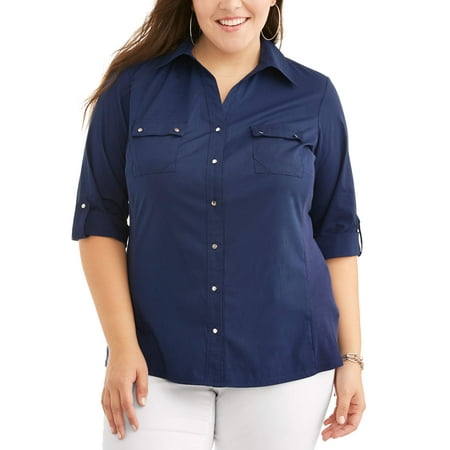 Women's Plus Size Roll Up Sleeve Button Up Shirt