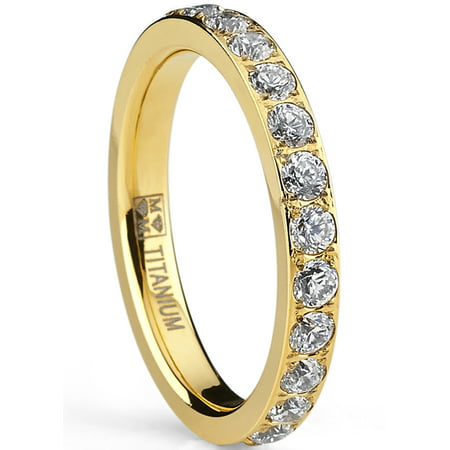 3MM Women's Goldtone Plated Titanium Eternity Ring, Wedding Band with Pave Set Cubic Zirconia