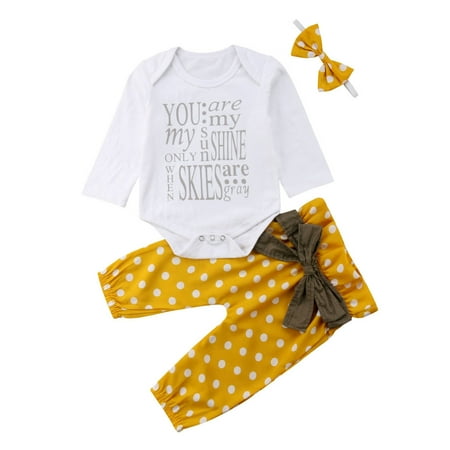 Sunisery 3Pcs Newborn Infant Baby Girls Tops Romper Dot Bowknot Pants Headband Outfits Clothes Yellow 12-18 Months
Sunisery 3Pcs Newborn Infant Baby Girls Tops Romper Dot Bowknot Pants Headband Outfits Clothes Yellow 12-18 Months