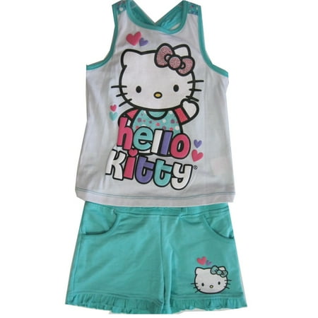 Hello Kitty Little Girls White Turquoise Studded 2 Pc Shorts Set 4-6X