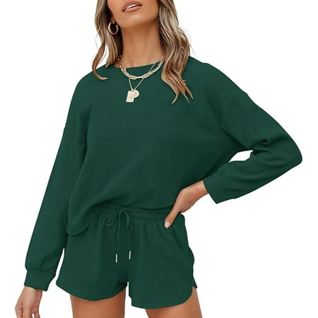 QWZNDZGR Women s Waffle Knit Long Sleeve Top and Shorts Pullover Nightwear Lounge Pajama Set with Pockets