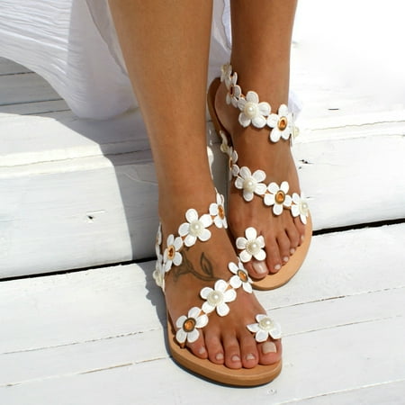 Sandals Women Women S Sandals Flat Bottomed Fashion Beaded Sandals Summer Flip Flops Women S Shoes Womens Sandals Pu White 41