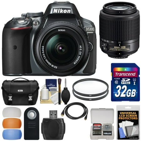 Nikon D5300 Digital SLR Camera & 18-55mm G DX II AF-S Zoom (Grey) with 55-200mm DX AF-S Lens + 32GB Card + Case + Filters Kit