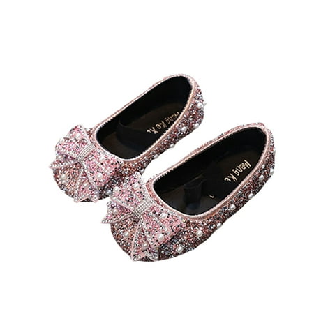 

Biekopu Girls Princess Shoes PU Leather Bow Shiny Pearled Non-slip Flat Shoes Kids Shoes for Birthday Party