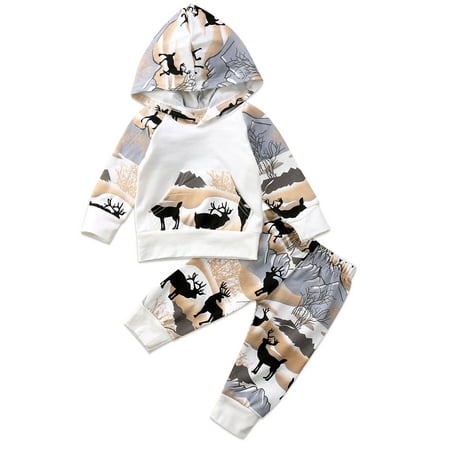 Kuriozud Baby Long Sleeve Hoodie Front Big Pocket Top Long Patchwork Printed Elastic Band Pants Set