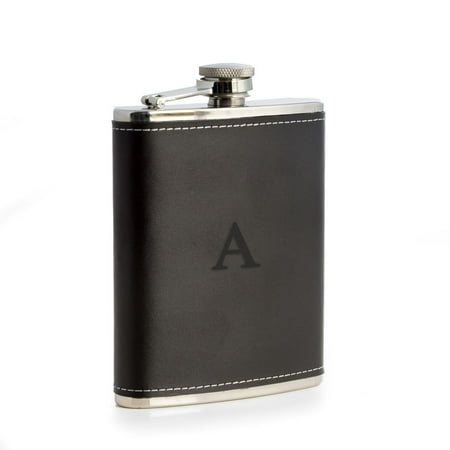 Single Initial Stainless Steel Black Leather Flask 6 oz. X