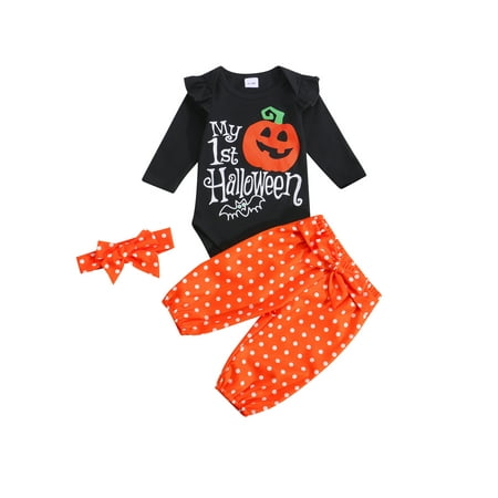 EYIIYE 3Pcs Halloween Outfit Black Letters Ruffled Long Sleeve Romper Orange Dots Elastic Waist Pants with Headband
EYIIYE 3Pcs Halloween Outfit Black Letters Ruffled Long Sleeve Romper Orange Dots Elastic Waist Pants with Headband