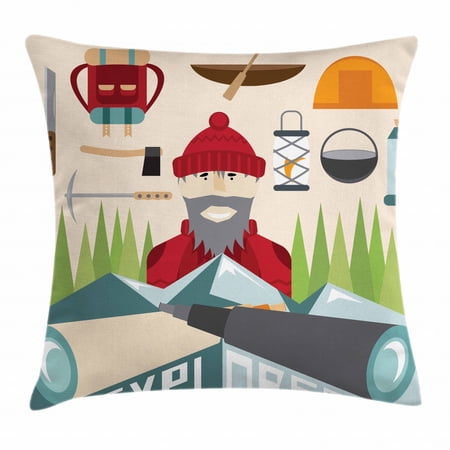 Explore Throw Pillow Cushion Cover, Cartoon Explorer with Hiking and Climbing Equipment Outdoors Themed Illustration, Decorative Square Accent Pillow Case, 18 X 18 Inches, Multicolor, by Ambesonne