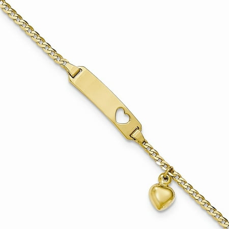 14k Yellow Gold Engravable 6in Baby ID Curb w/Heart Dangle Bracelet