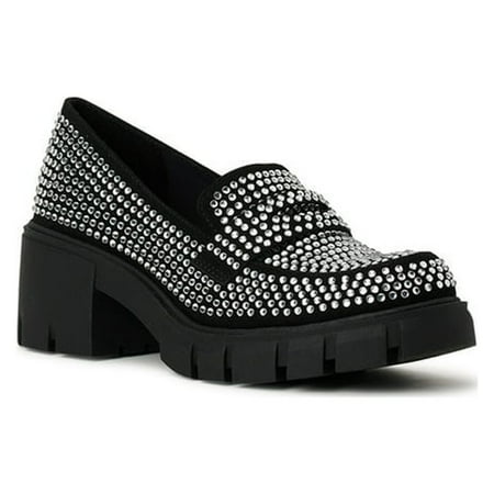 Women s Rhinestone Lug Sole Penny Loafers Black