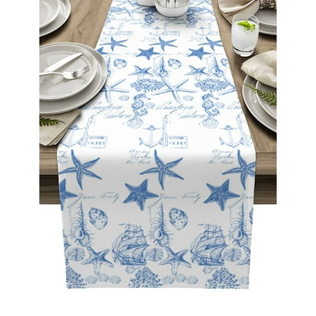 Blue Ocean Starfish Conch Seahorse Anchor Table Runner Home Party Decorative Tablecloth Cotton Linen Table Runners for Wedding
Blue Ocean Starfish Conch Seahorse Anchor Table Runner Home Party Decorative Tablecloth Cotton Linen Table Runners for Wedding