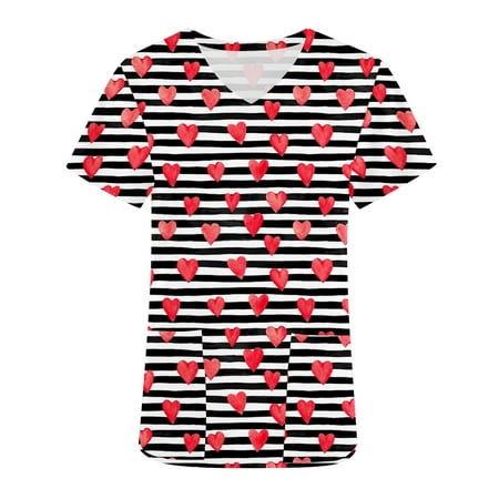 

YWDJ Valentine s Day Scrub Tops for Women Dressy Plus Size Hearts Print with V Neck Short Sleeve Watermelon Red XL