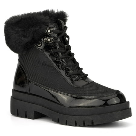 Olivia Miller Women s Fashion Shoes Black Shiny Faux PU Leather & Sherpa Lined Lug Sole Chunky Heel Slip On Lace Up Round Toe Casual Bootie Winter Snow Ankle Boots 10M