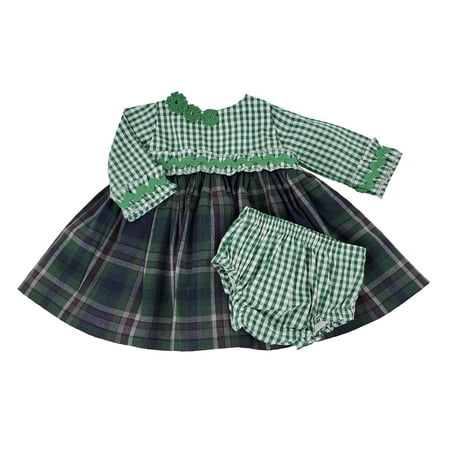 Girl-Infant Dress- Empire Waist Long Sleeve Check- Plaid Dress with Bloomers