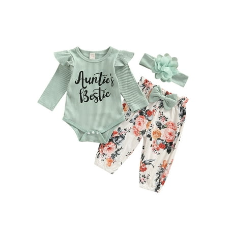 

Infant Baby Girls Pants Set Ribbed Long Sleeve Romper Floral Pants Headband 3Pcs Outfits