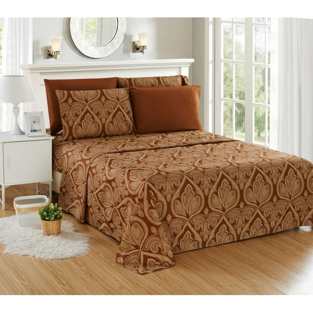 Paisley Printed Bed Sheet Set Egyptian Quality-Brown, King (1 Fitted Bed Sheet, 1 Flat Sheet, 4 Pillow Covers) 1800 Series Deep Pocket Stain Resistant Bed Sheet Set (6 piece)Lux Decor Collection