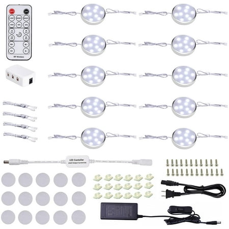 

LED Dimmable Under Cabinet Lighting Kit 10 Pack Linkable Puck Lights with Remote Control Hardwired Cabinet Lights with Timer for Kitchen Counter Wardrobe Bookcase (Day White)