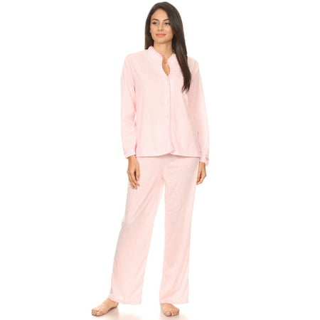 2120 Womens Sleepwear Pajamas Woman Long Sleeve Button Down set Pink L
