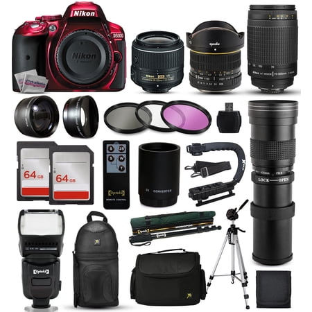 Nikon D5300 Red DSLR Digital Camera + 18-55mm VR II + 6.5mm Fisheye + 55-300mm VR + 420-1600mm Lens + Filters + 128GB Memory + Action Stabilizer + i-TTL Autofocus Flash + Backpack + Case + 70\ Nikon D5300 Red DSLR Digital Camera + 18-55mm VR II + 6.5mm Fisheye + 55-300mm VR + 420-1600mm Lens + Filters + 128GB Memory + Action Stabilizer + i-TTL Autofocus Flash + Backpack + Case + 70\