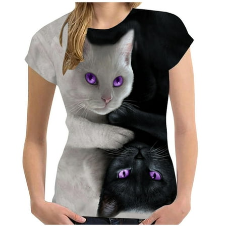 Sheen Womens 3D Cat Print Casual T-Shirt Summer Short Sleeve O-neck T Shirts