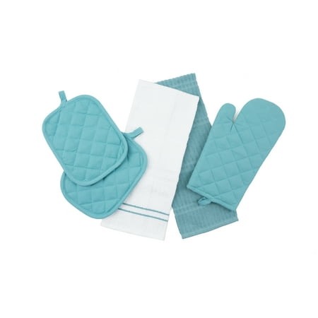 Mainstays Kitchen Towel, Oven Mitt and Pot Holder Kitchen Set Topaz 5 Pack