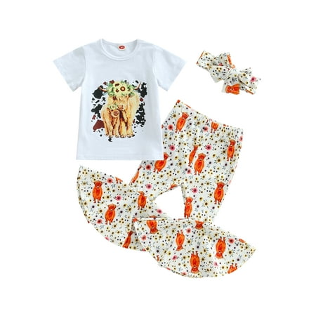 Arvbitana Toddler Girls Cow Print Bell Bottoms Outfits Short Sleeve T-Shirt Tops +Cow Print Summer Shorts +Headband 3Pcs Sets
Arvbitana Toddler Girls Cow Print Bell Bottoms Outfits Short Sleeve T-Shirt Tops +Cow Print Summer Shorts +Headband 3Pcs Sets