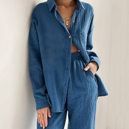 Pajamas for women 2022 Autumn European And American Shirt Crepe Cotton Pajamas Can Wear Trousers Loose Two-piece Ladies Household Clothing Blue L
Pajamas for women 2022 Autumn European And American Shirt Crepe Cotton Pajamas Can Wear Trousers Loose Two-piece Ladies Household Clothing Blue L