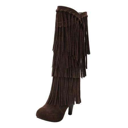 fvwitlyh Boots for Womens Leather Boots Wide Width Wide Calf Women s High Heeled V Shape Assel Round Knee High Boots for Women Wide Calf