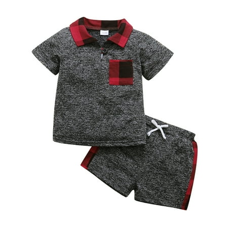 Toddler Baby Boys Clothes Solid Color Plaid Print Turn-down Collar Pocket Short Sleeve T-shirt Top +Shorts 2Pcs Outfits Set 2-3T Gray
Toddler Baby Boys Clothes Solid Color Plaid Print Turn-down Collar Pocket Short Sleeve T-shirt Top +Shorts 2Pcs Outfits Set 2-3T Gray