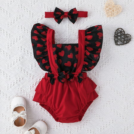 

Coappsuiop Valentines Day Gift Sets Girls Bodysuits Girls Valentine s Day Fly Sleeve Hearts Prints Romper Ruffles Bowknot Backless Bodysuits Headbands Set